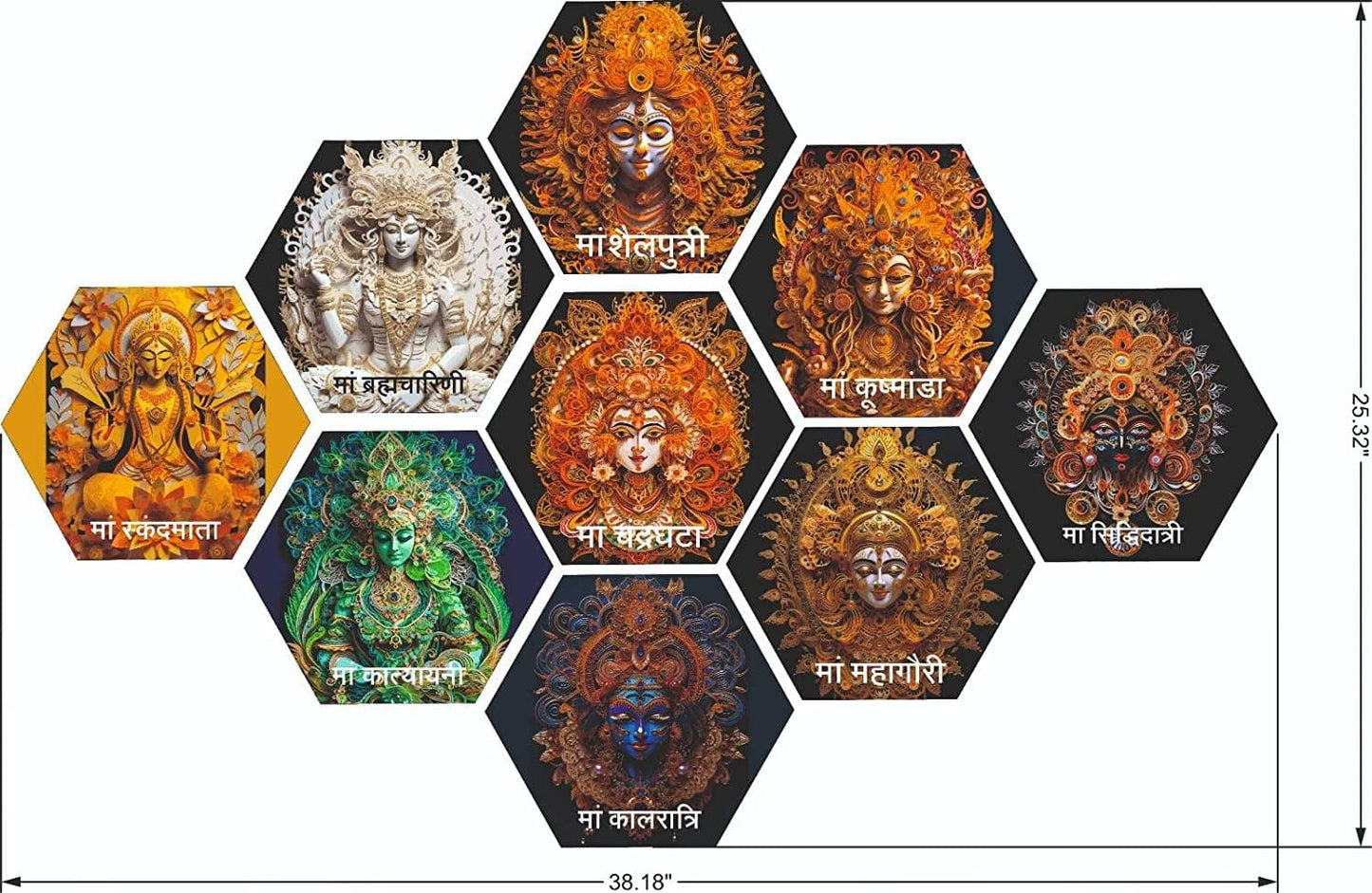 JaipurCrafts Premium Set of 9 Hexagonal Wooden Navdurga Mata Art Prints For Home Decor, Wooden Wall Paintings For Home And Living Room Decorations - Nav Durga/Navratri Mata Wooden Wall paintings