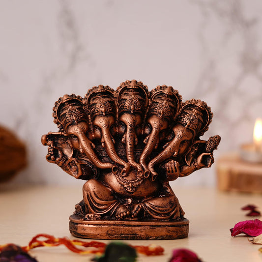 Webelkart Polyresin Panchmukhi Ganesha Idol Statue Showpiece for Car Dashboard, Home Temple and Office |5 x 5 x 2 Inches , Copper