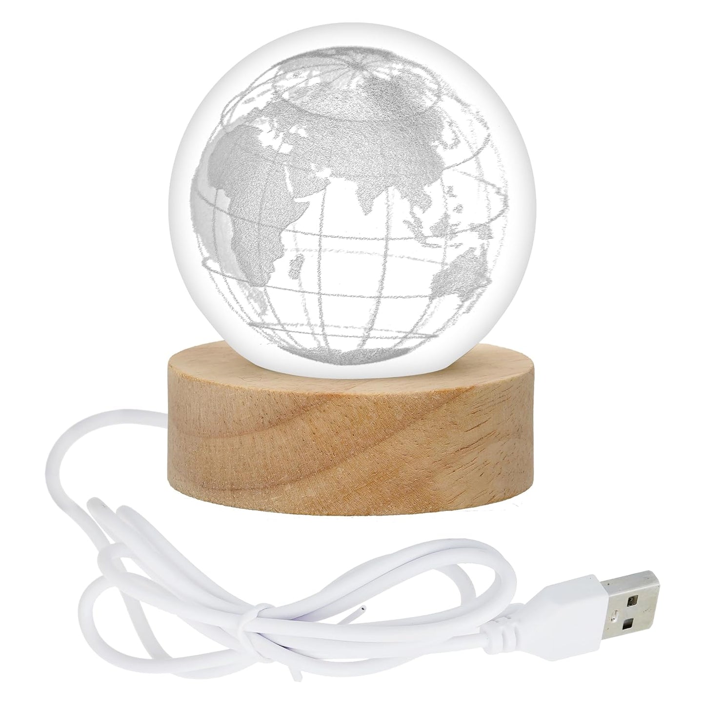 Webelkart Premium 3D Globe Crystal Ball Night Light USB Table LED Lamp Home Decor, Crystal Ball Night Light with Warm White Dimmable LED with Wooden Base,Diwali Decor Item (3" Inches)