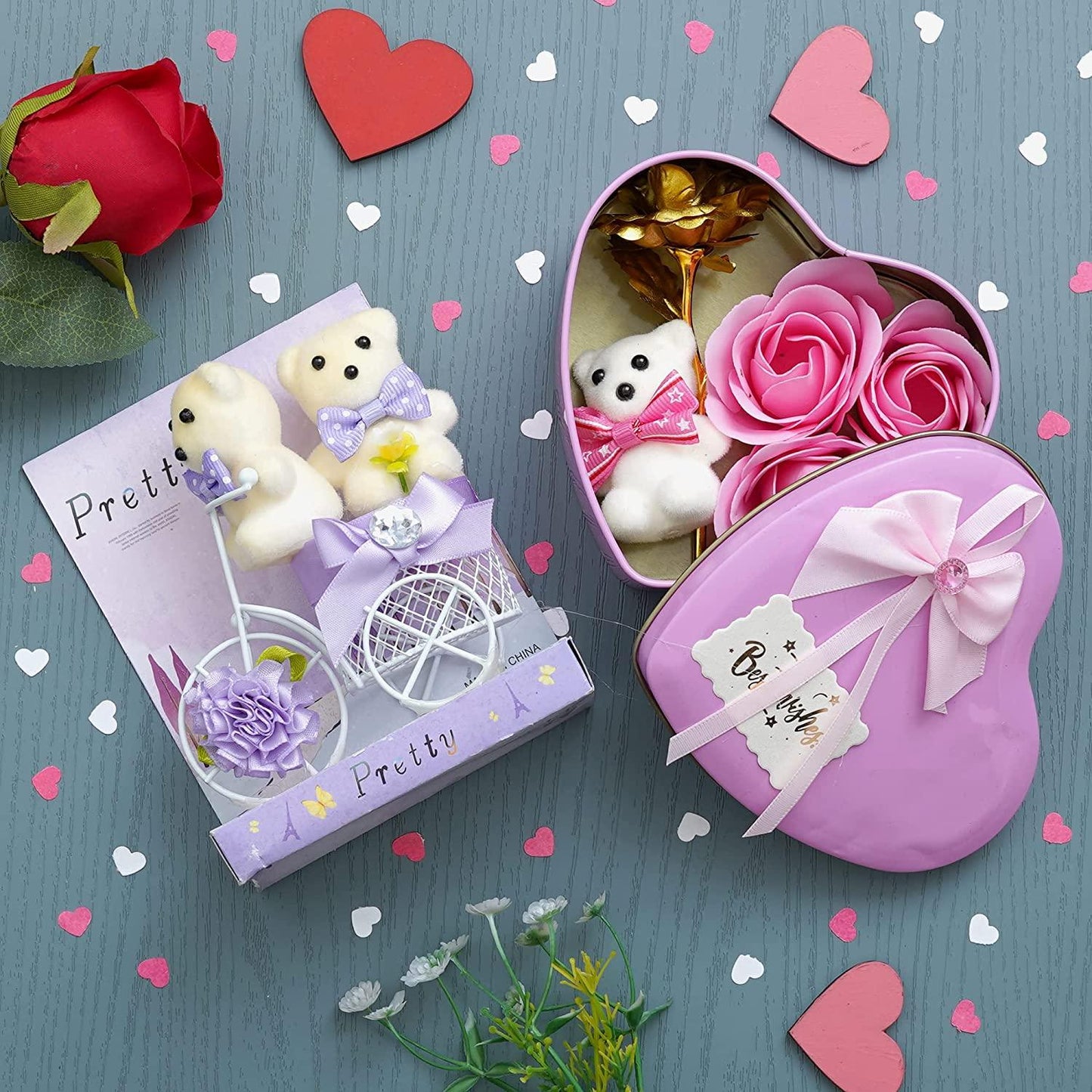 Webelkart® Premium Valentine Heart Shape Box with 3 Pink Roses, 1Teddy and1Artificial Gold Rose and White Plastic Cycle with Teddy Bear and Rose Petals Gift Box (Blue) Valentine's Gift Combo Set