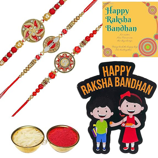 Webelkart Pack Of 3 Rakhi With Free Wooden Raksha Bandhan Magnet Gift For Bhaiya Bhabhi.Rakhi For Brother and Sister,Lumba Rakhi For Bhabhi, Couple Gift Set
