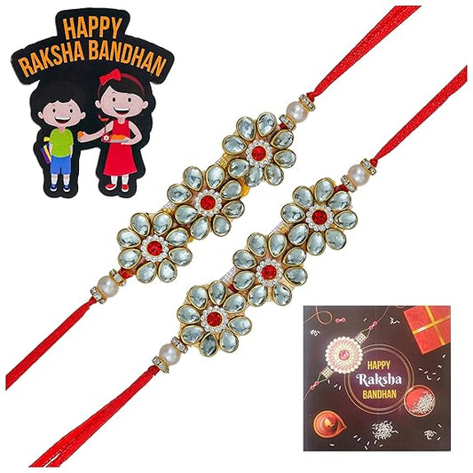Webelkart Antique Set of 2 Kundan Rakhi With Magnet And Roli Chawal Pack Gift For Bhaiya Bhabhi,Lumba Rakhi For Bhabhi, Couple Gift Set