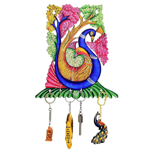 Webelkart Premium "Peacock Family" Printed Wooden Key Holder for and Office Decor