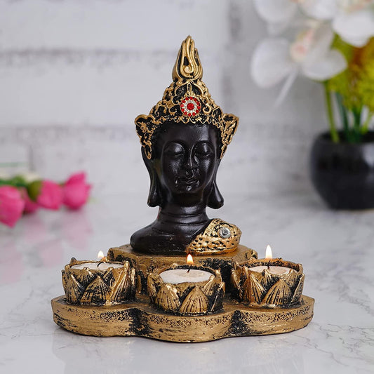 Webelkart Polyresin Buddha Tealight Candle Holder with Free 3 Tealights Candles| tealight Candle Holder for Home and Office Decor Gifts Items Pooja Room( Gold, 7Inch)