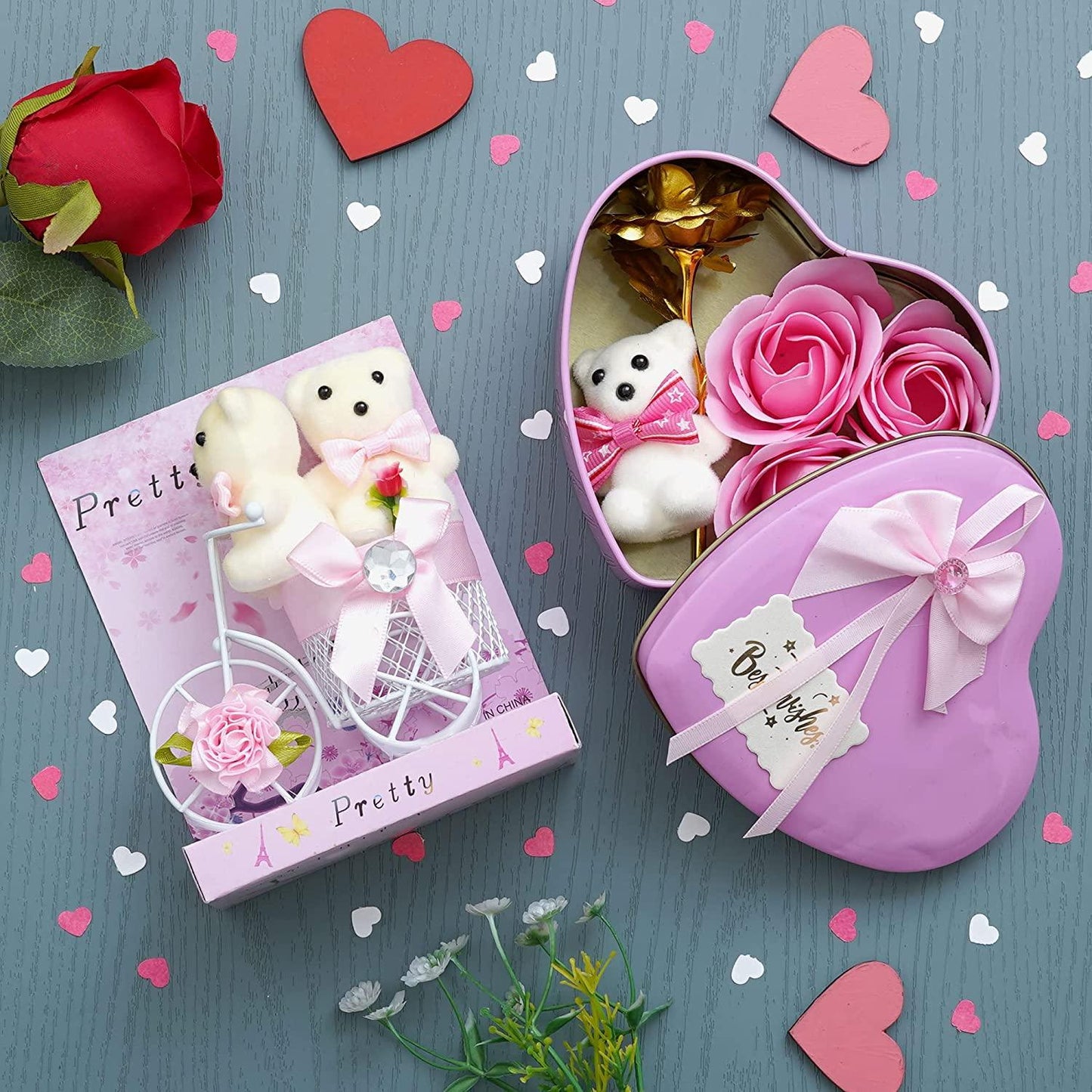 Webelkart® Premium Valentine Heart Shape Box with 3 Pink Roses, 1 Teddy and 1 Artificial Gold Rose and Heart Shape Box with 3 Pink Roses, 1 Teddy and 1 Artificial Gold Rose