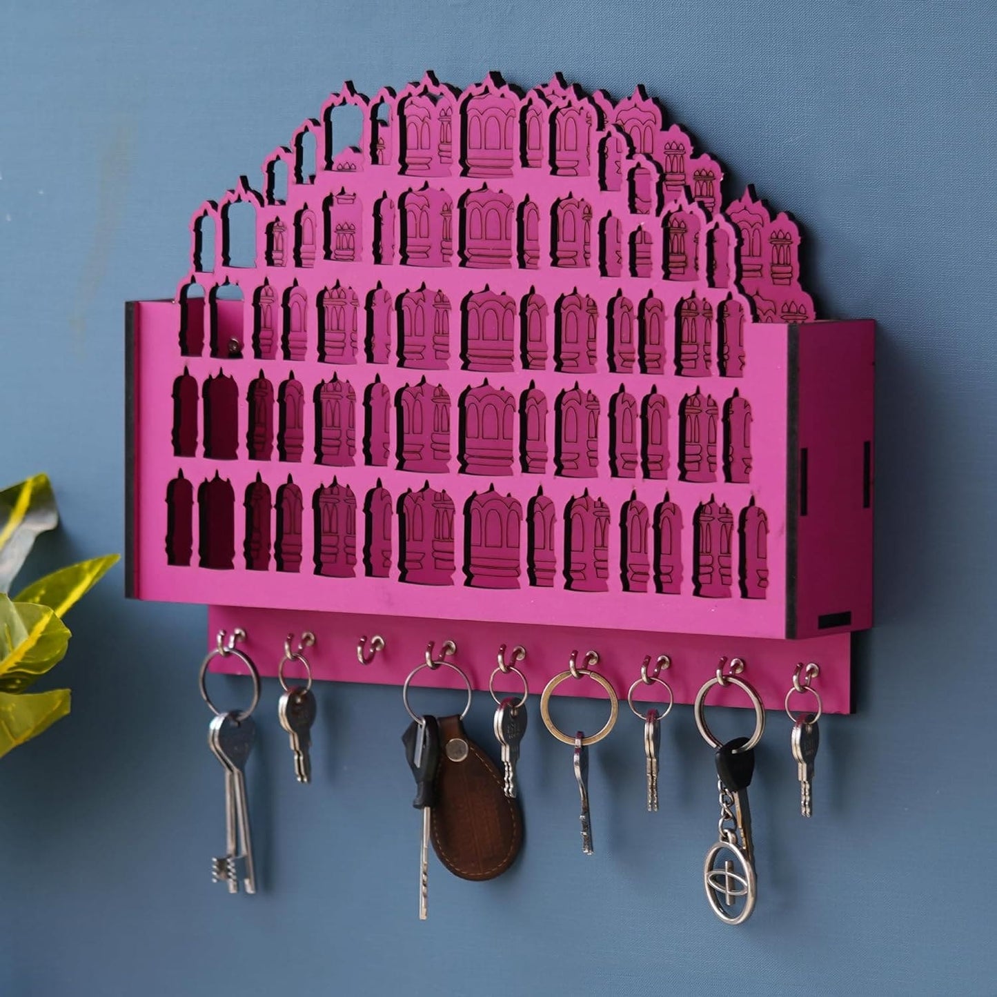 Webelkart Premium Hawamahal Shape Keys Hanger Wooden Key Holder for Home/Office Decor, Key Holder for Wall Decor Key Stand Holder (13" Inches) Pink