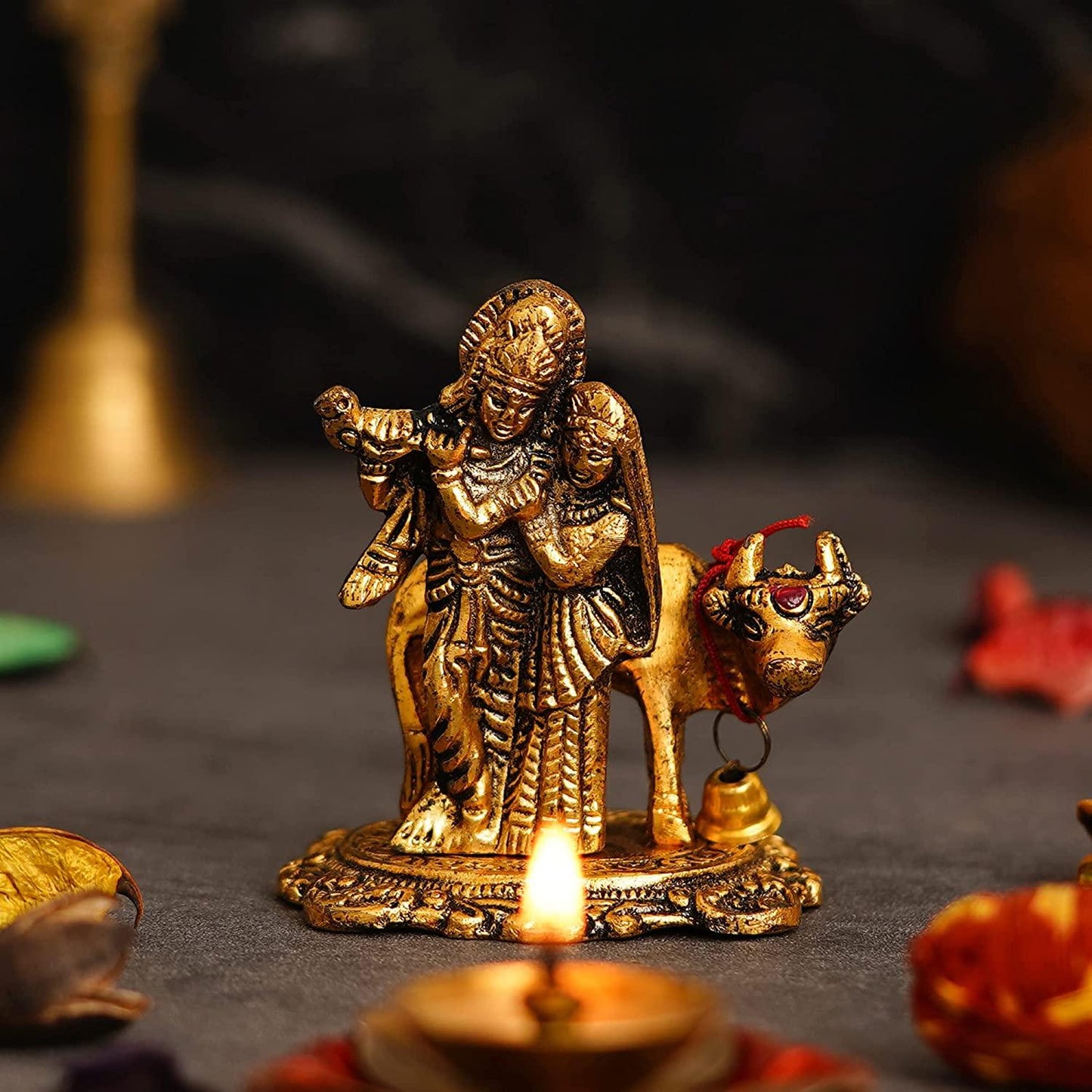 Webelkart Premium Metal Radha Krishna with Cow Showpiece for Home and Office Decor