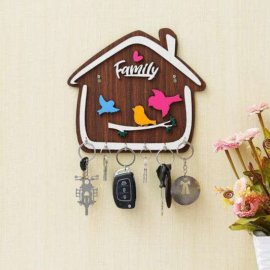 Webelkart Premium Cute Birds Hut Shape Wooden Keys Hanger for Home/Office Decor, Key Holder for Wall Decor/Home Decorative Gift Item (Brown)