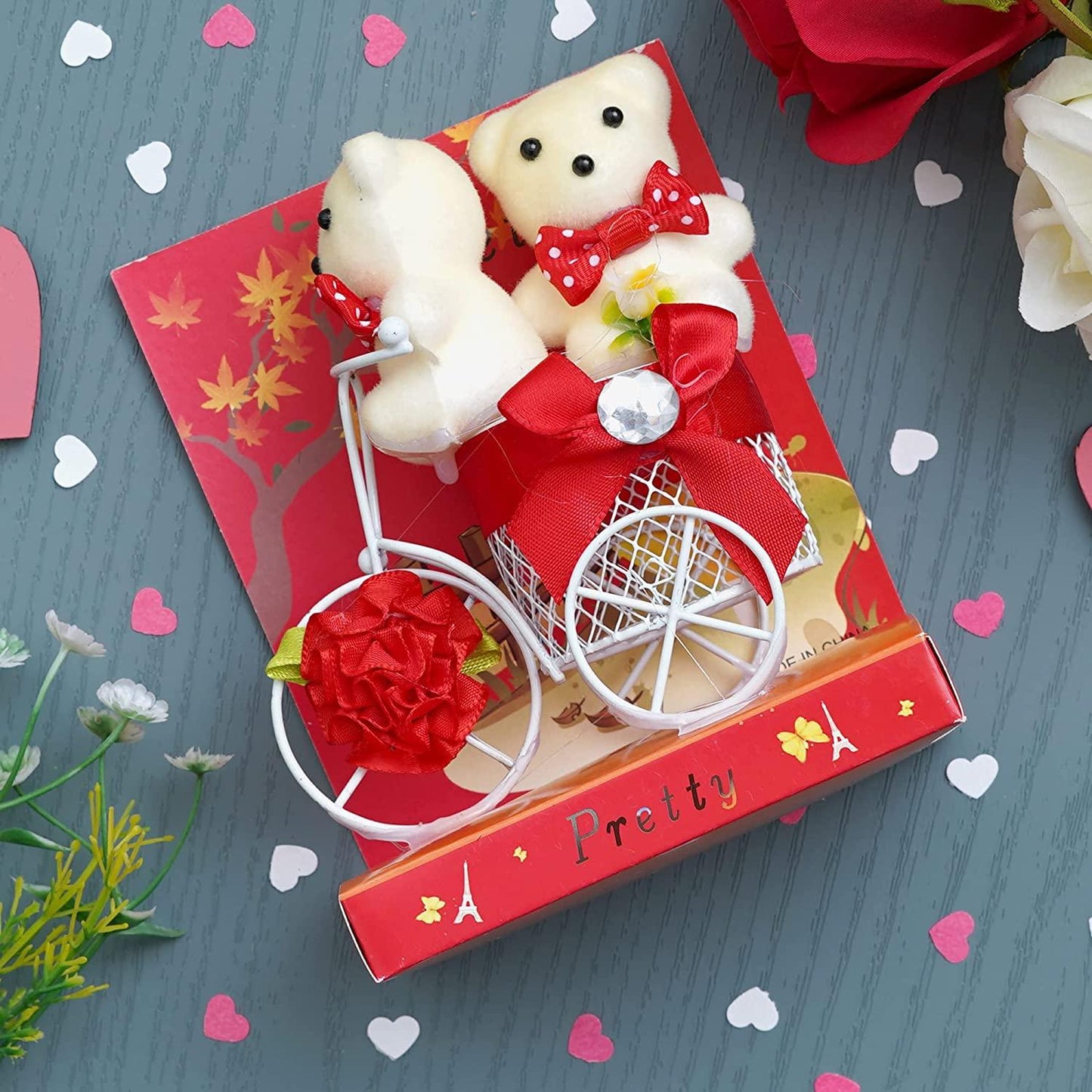Webelkart®Premium Valentine Heart Shape Box with 3 Pink Roses,1Teddy and 1 Artificial Gold Rose and White Plastic Cycle with Teddy Bear Gift Box (Red) Valentine's Gift for Girlfriend/Boyfriend