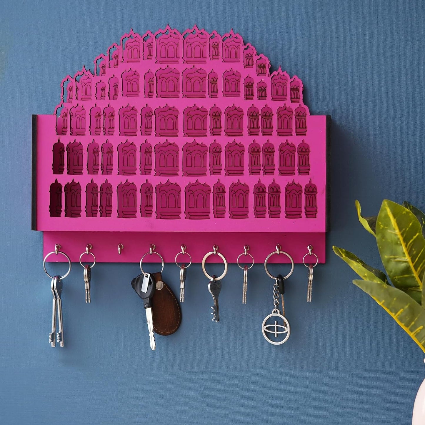 Webelkart Premium Hawamahal Shape Keys Hanger Wooden Key Holder for Home/Office Decor, Key Holder for Wall Decor Key Stand Holder (13" Inches) Pink