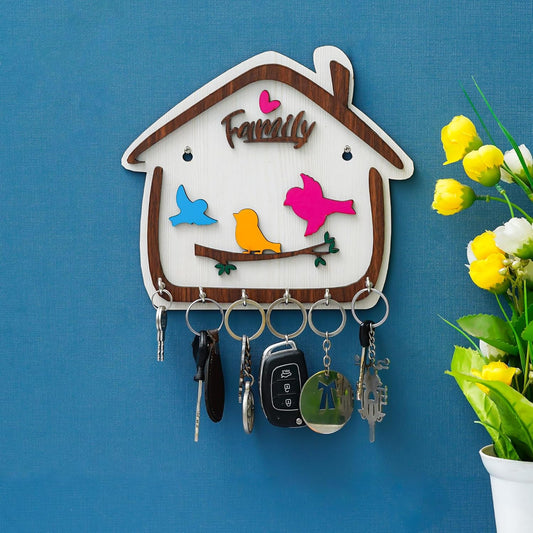 Webelkart Premium Cute Birds Hut Shape Wooden Keys Hanger for Home/Office Decor, Key Holder for Wall Decor/Home Decorative Gift Item (Off White)