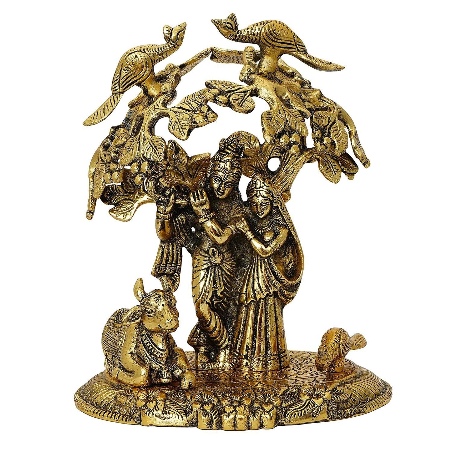 JaipurCrafts Premium Radha Krishna & Kamdhenu Cow Kalpvriksha Tree Showpiece - 22 cm (Aluminum, Golden)