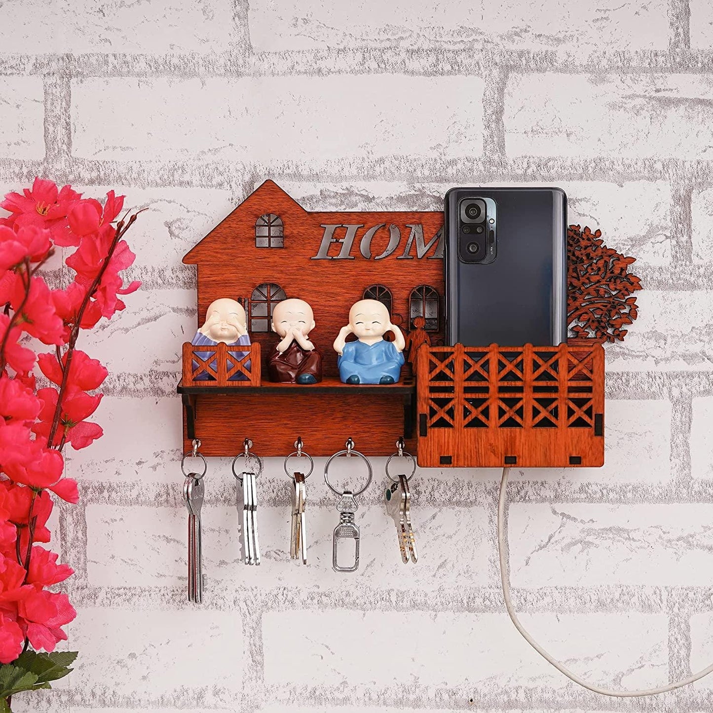 Webelkart Designer Home Multipurpose Wall Shelf/Wall Mount Key Holder with Mobile Charging Stand Wooden Key Holder for Home and Office Decor ( 11.75 Inches , 5 Hooks)