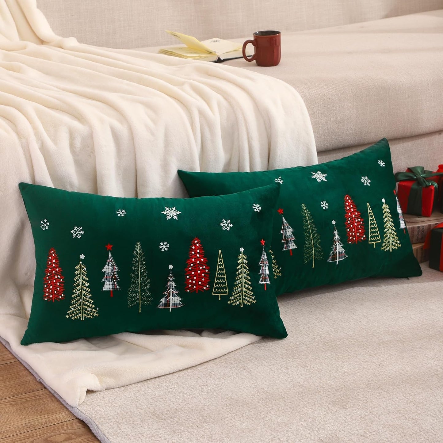 16 x 26 CM set of 2 Tree Embroidery velevt pillow with filler