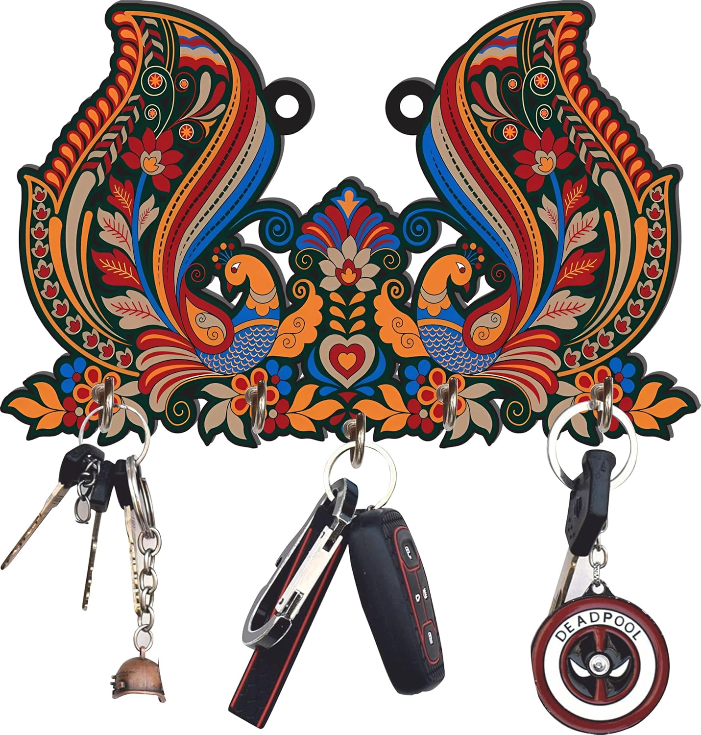 JaipurCrafts Premium Peacock Shape Printed Wooden key holder for home and office decor (Multi, 10 x 6 inches)