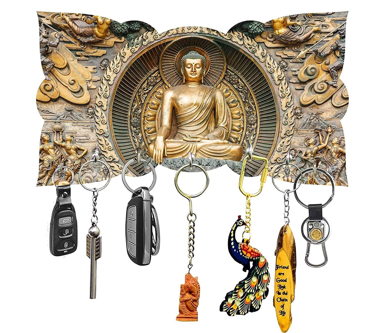 Webelkart Premium Printed Sitting " Gautam Buddha" Wooden Key Holder for Home and Office Decor| Keychain Holder for Home (9 Inches , 7 Hooks)