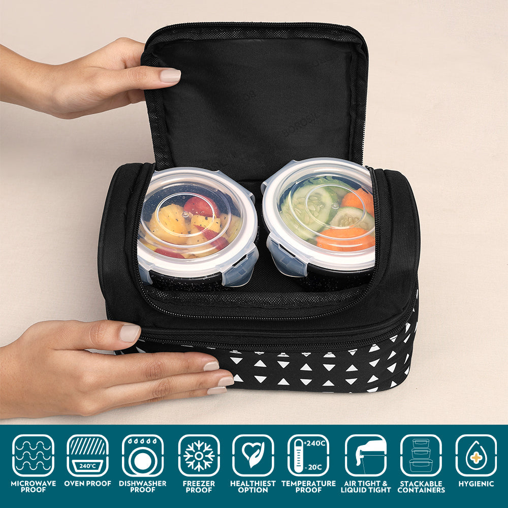 Borosil Kube Black Universal Glass Lunchbox, 320ml x 2 + 240ml x 2