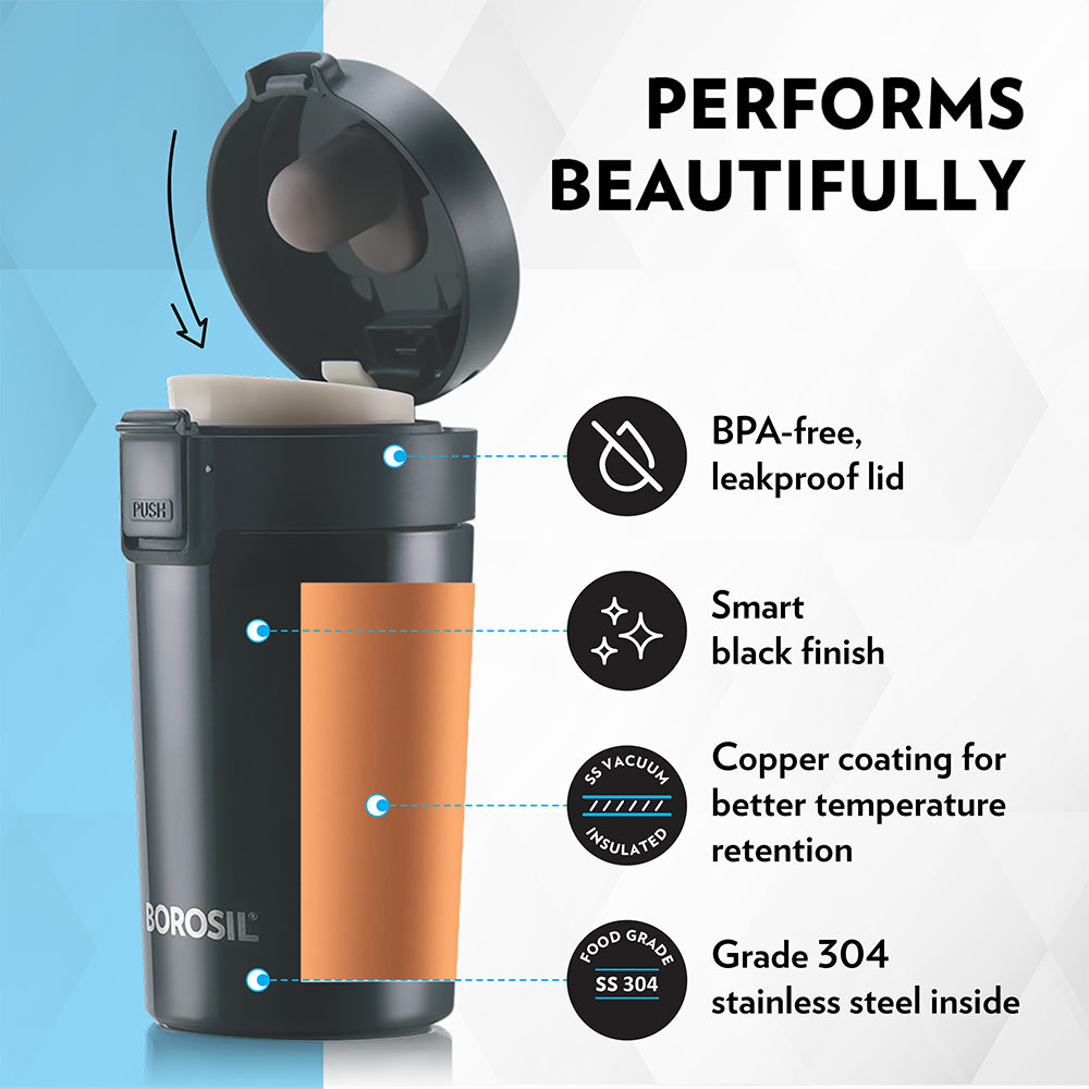 Borosil Coffeemate Insulated Mug-Personalise, Black, 300ml