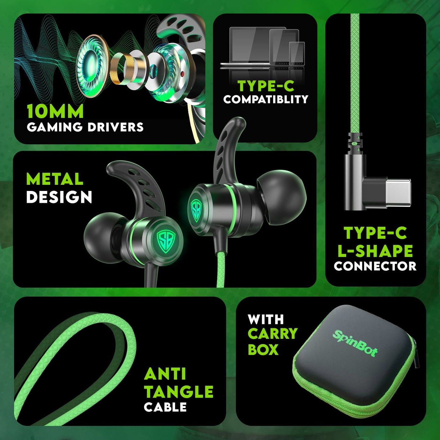 SpinBot BattleBudz C20 Wired in Ear Type C Gaming Earphones with LED Light |10mm Drivers| in-line Media Controls| Carry Case