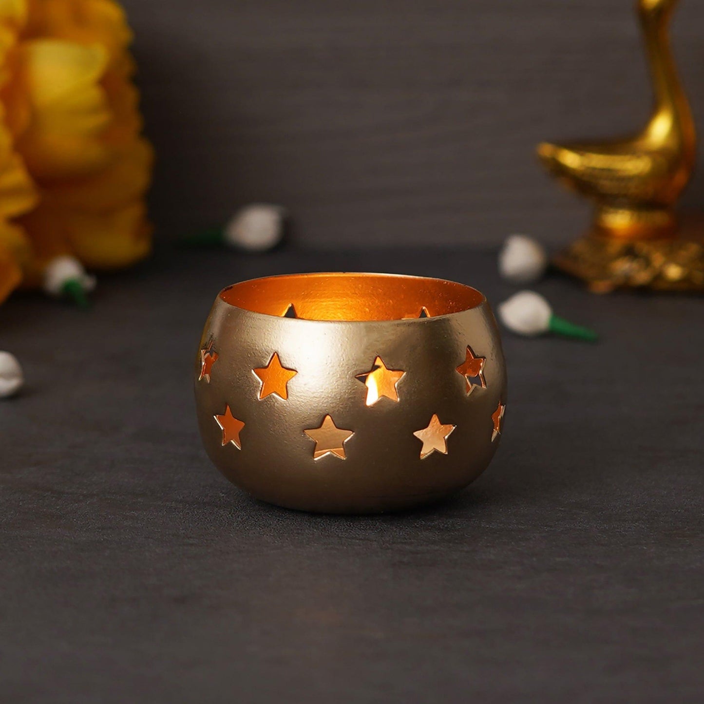 Webelkart®️ Premium Metal Star Tealight Candle Holder for Home and Office Decor| Metal Tealight Holder for Decorations (3 inches, Gold)