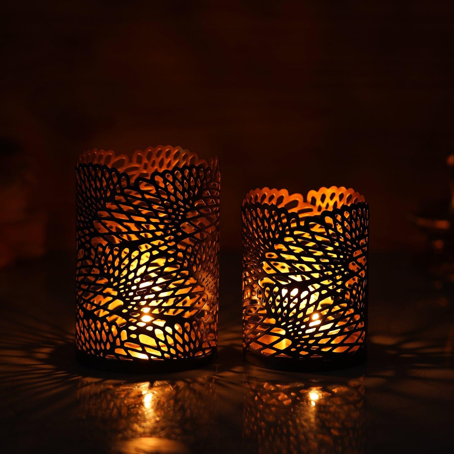 Webelkart®️ Premium Iron Handmade Metal Tealight Candle Holder with Flower Cut Design (Black) for Home, Living Room and Table Decor ( Set of 2 , Iron)
