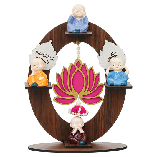 Webelkart Antique Set of 4 Decorative Adorable Buddha Monk Figurines with Wooden Stand with Lotus Hanging for Peaceful Home Decor & Office Decor, Special Gifting, Home Decorative Item (10.5" Inches)