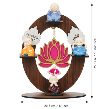 Webelkart Antique Set of 4 Decorative Adorable Buddha Monk Figurines with Wooden Stand with Lotus Hanging for Peaceful Home Decor & Office Decor, Special Gifting, Home Decorative Item (10.5" Inches)