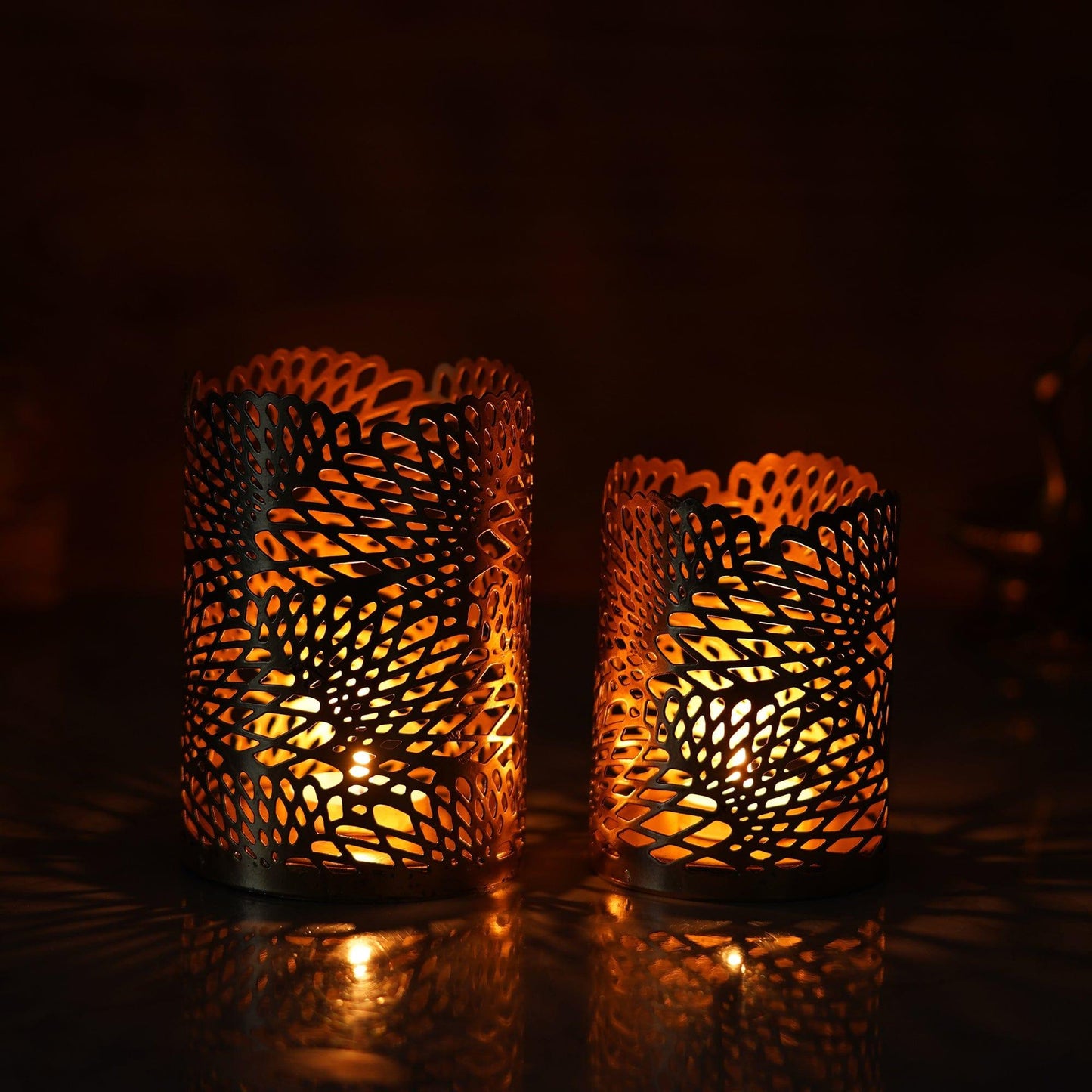 Webelkart®️ Premium Iron Handmade Metal Tealight Candle Holder with Flower Cut Design for Home, Living Room and Table Decor ( Set of 2 , Gold)