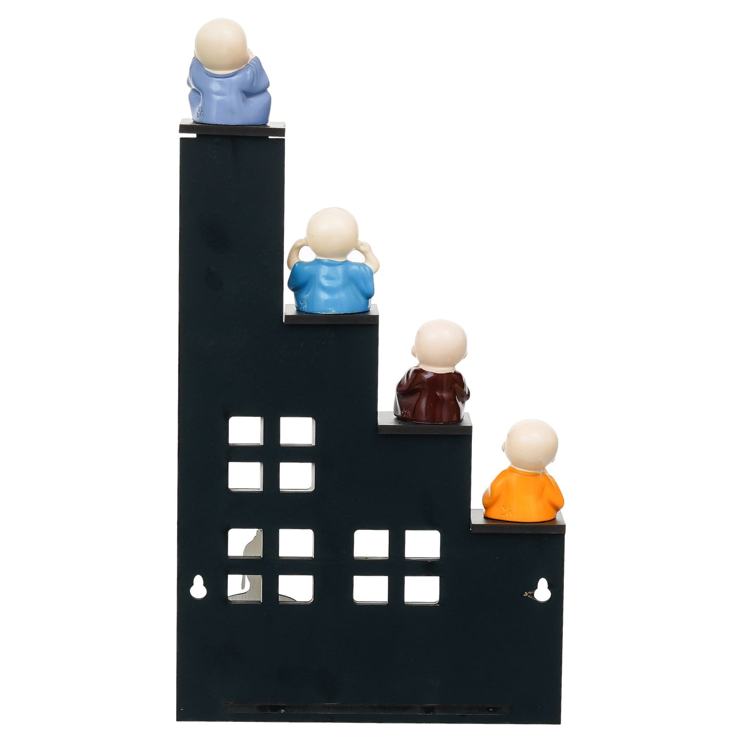 Webelkart Set of 4 Decorative Adorable Buddha Monk Figurines with Wooden Stand for Wall Decor Handcrafted SHOWPIECE Special Gifting,Crafting for Your Living Room,(Monk with Steair Stand (13" Inches)