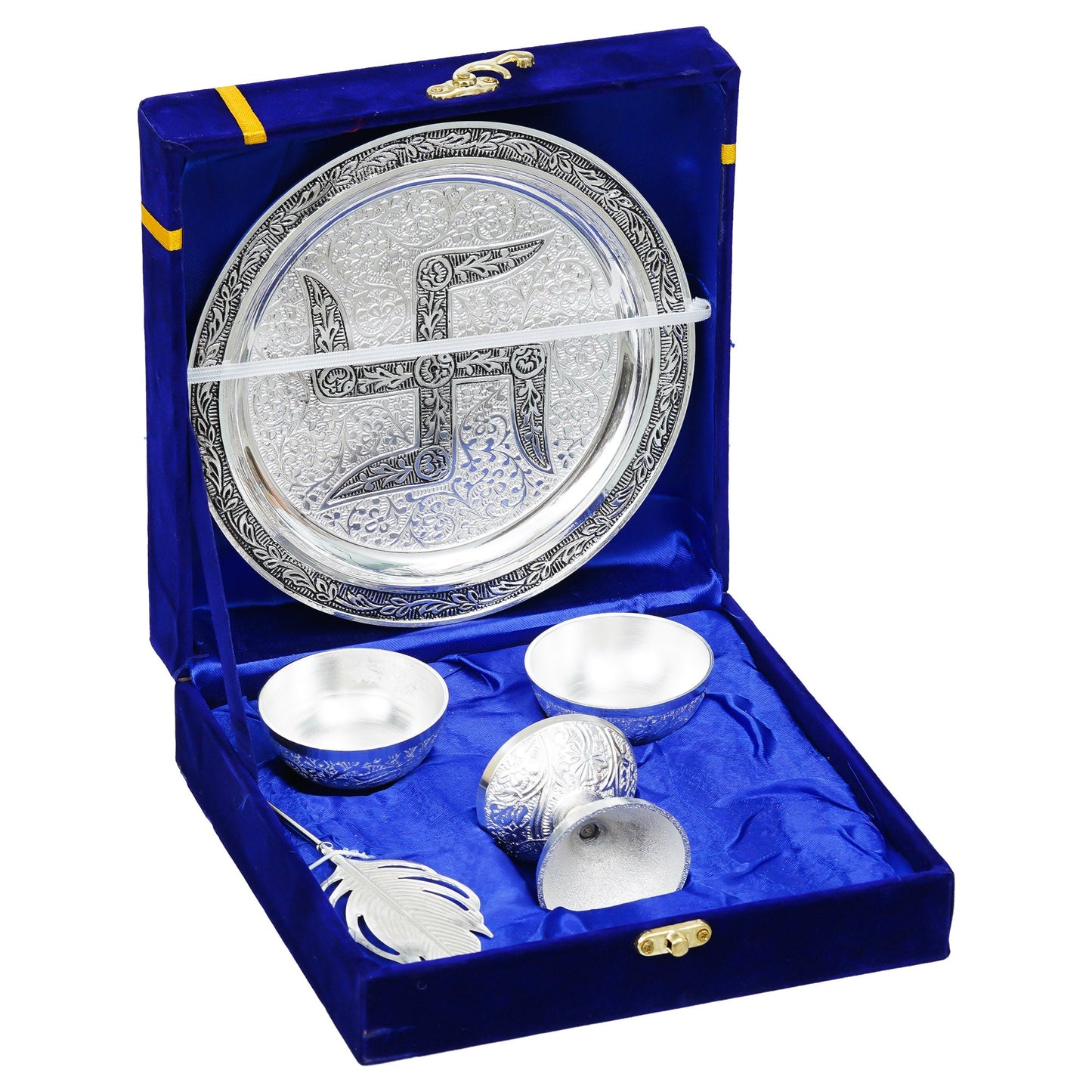 Webelkart Premium Silver Plated Swastik Pooja Thali Set with Velvet Box for Diwali Poojan/Pooja Room/Diwali Gifting |ReturnGift,Thali Set for Puja.( 8" Inches)