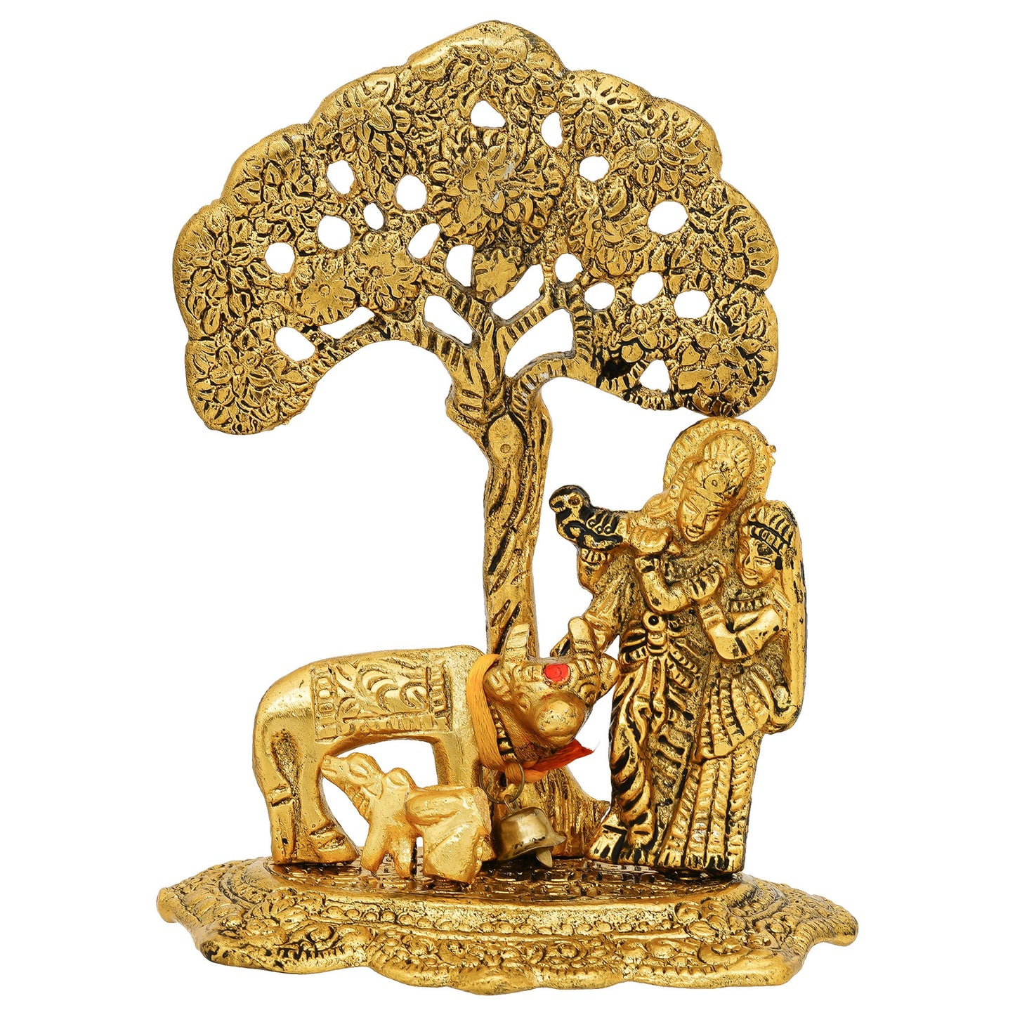 Webelkart Antique Radha Krishna Idol with Kamdhenu Cow Kalpvriksha Tree Showpiece for Home/Office Decor| Radha Krishna Murti| Radha Krishna Idol Statue for Temple Decor (6" Inches)