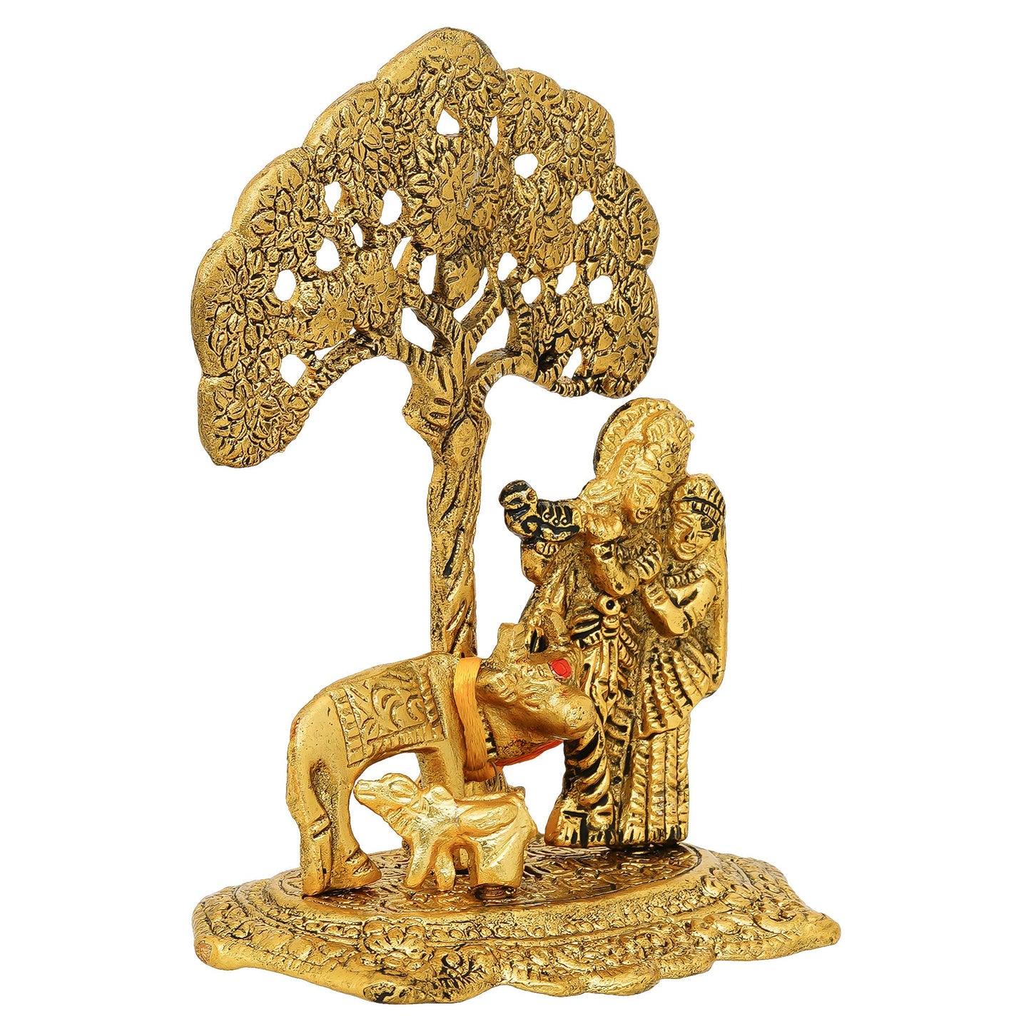 Webelkart Antique Radha Krishna Idol with Kamdhenu Cow Kalpvriksha Tree Showpiece for Home/Office Decor| Radha Krishna Murti| Radha Krishna Idol Statue for Temple Decor (6" Inches)