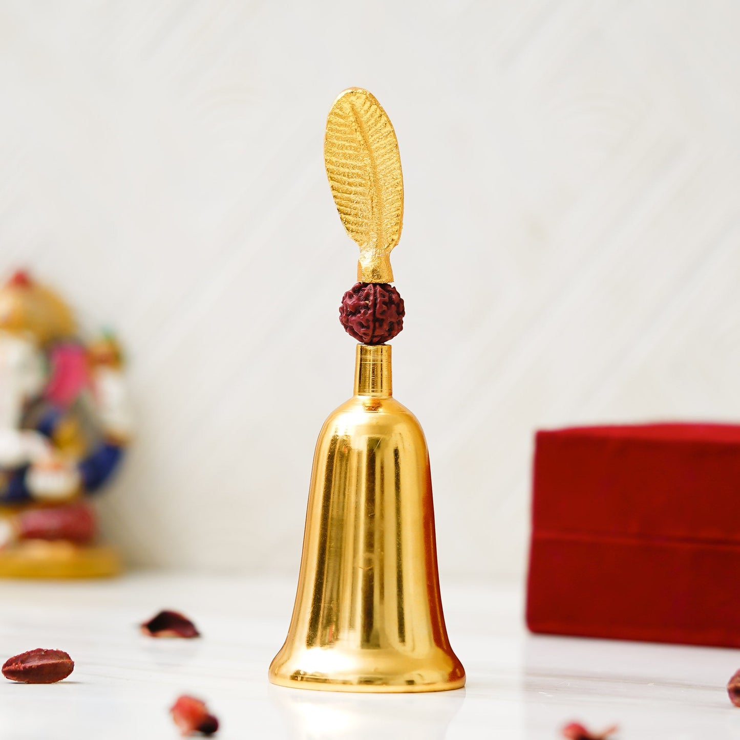 Webelkart Antique HandiCrafted Gold Plated Pooja Bell with Rudraksha with Velvet Box for Home/Office Decor/Brass Hand Puja Bell/Pooja Ghanti/Pooja Article for Temple (7" Inches Gold)