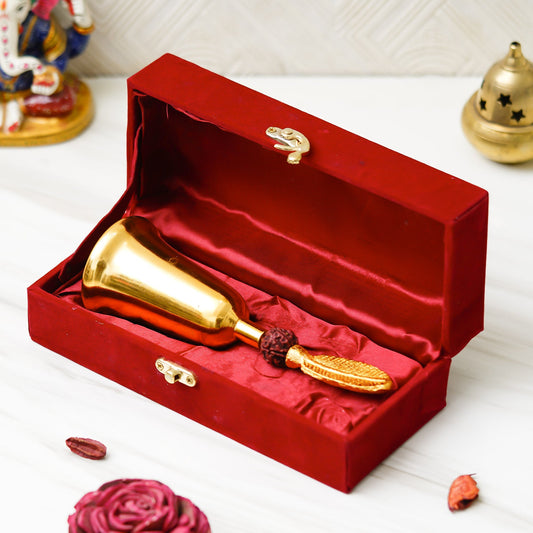 Webelkart Antique HandiCrafted Gold Plated Pooja Bell with Rudraksha with Velvet Box for Home/Office Decor/Brass Hand Puja Bell/Pooja Ghanti/Pooja Article for Temple (7" Inches Gold)