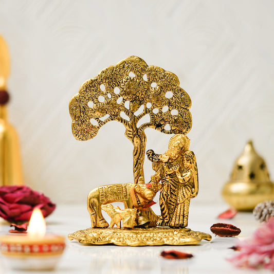 Webelkart Antique Radha Krishna Idol with Kamdhenu Cow Kalpvriksha Tree Showpiece for Home/Office Decor| Radha Krishna Murti| Radha Krishna Idol Statue for Temple Decor (6" Inches)