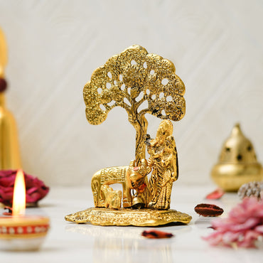 Webelkart Antique Radha Krishna Idol with Kamdhenu Cow Kalpvriksha Tree Showpiece for Home/Office Decor| Radha Krishna Murti| Radha Krishna Idol Statue for Temple Decor (6" Inches)