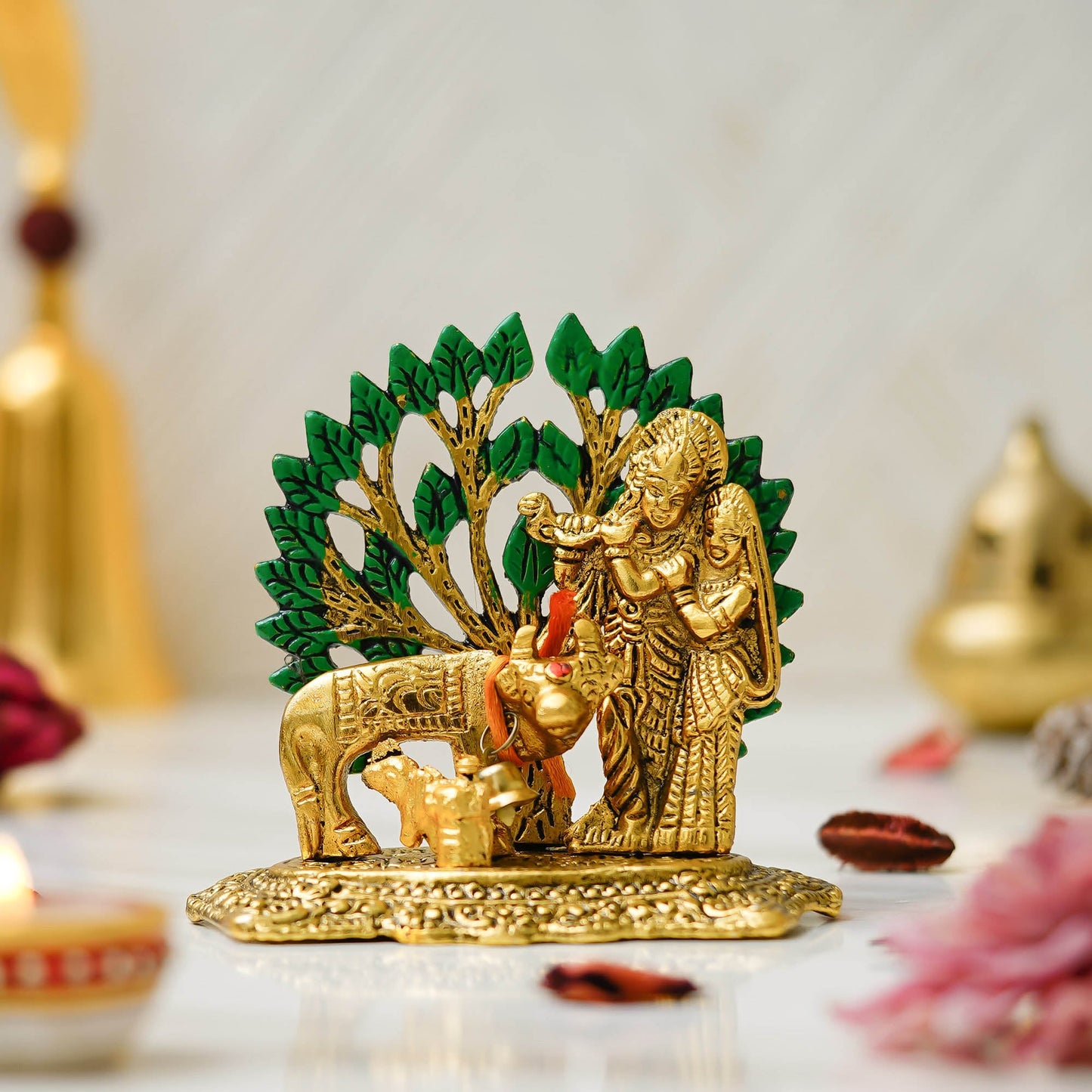 Webelkart Premium Metal Radha Krishna Idol with Cow Showpiece for Home/Office Decor| Radha Krishna Statue | Radha Krishna Murti for Temple Decor Pooja Article Decoration Item (4.15" Inches)