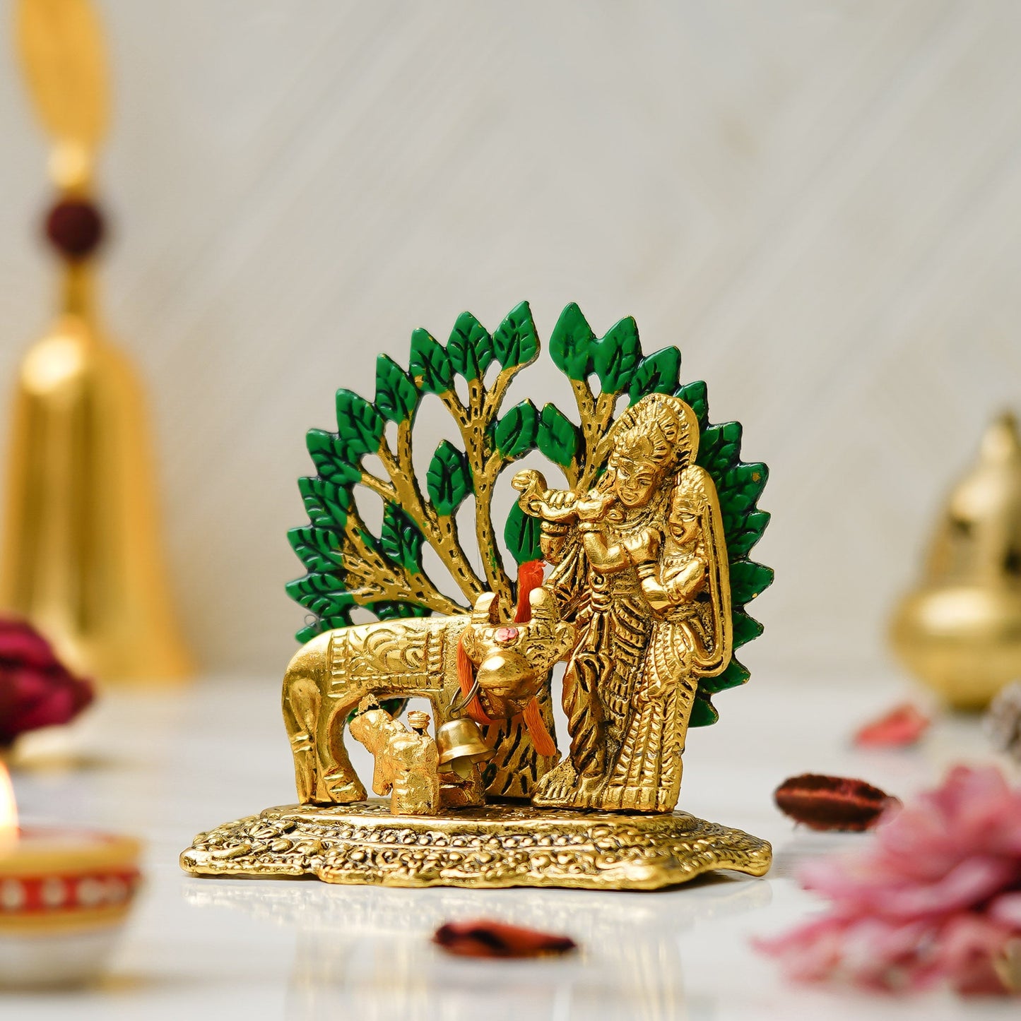 Webelkart Premium Metal Radha Krishna Idol with Cow Showpiece for Home/Office Decor| Radha Krishna Statue | Radha Krishna Murti for Temple Decor Pooja Article Decoration Item (4.15" Inches)