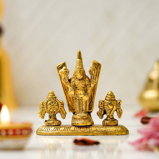 Webelkart Antique Metal Lord Tirupati Balaji Shanku Chakram Namam Stand, Statue for Pooja Room Decor| Sangu Chakra Namam Idol Temple Decor (3.5" Inches, Gold)