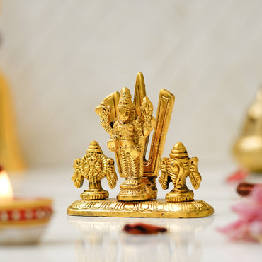 Webelkart Antique Metal Lord Tirupati Balaji Shanku Chakram Namam Stand, Statue for Pooja Room Decor| Sangu Chakra Namam Idol Temple Decor (3.5" Inches, Gold)