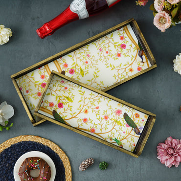 Webelkart Peacock Designer Printed Enamel Coated Wooden Handmade Serving Tray Multipurpose Rectangular Serving Tray Set of 2, Trays for Breakfast Dining Table.Home Decoration Item (12",15" Inches)