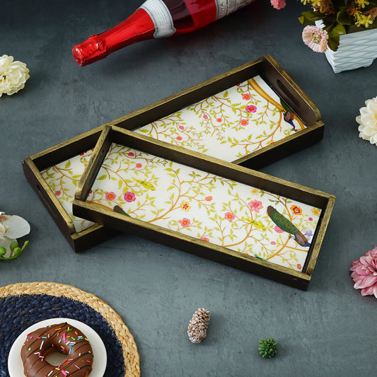 Webelkart Peacock Designer Printed Enamel Coated Wooden Handmade Serving Tray Multipurpose Rectangular Serving Tray Set of 2, Trays for Breakfast Dining Table.Home Decoration Item (12",15" Inches)