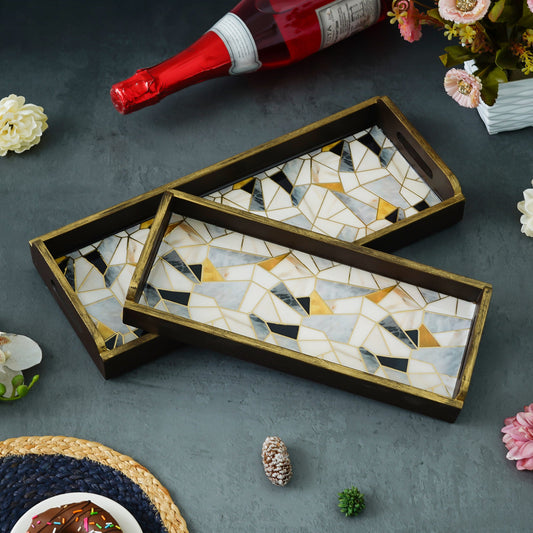 Webelkart Beautiful Handmade Marble Printed Wooden Serving Tray Enamel Coated for Home/Office Decor Serving Tray Set of 2, Trays,Coffee Tray Home Decorative Item (12",15" Inches)