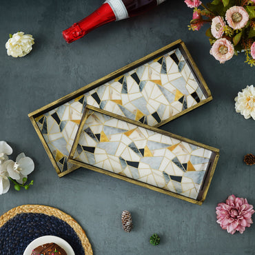 Webelkart Beautiful Handmade Marble Printed Wooden Serving Tray Enamel Coated for Home/Office Decor Serving Tray Set of 2, Trays,Coffee Tray Home Decorative Item (12",15" Inches)