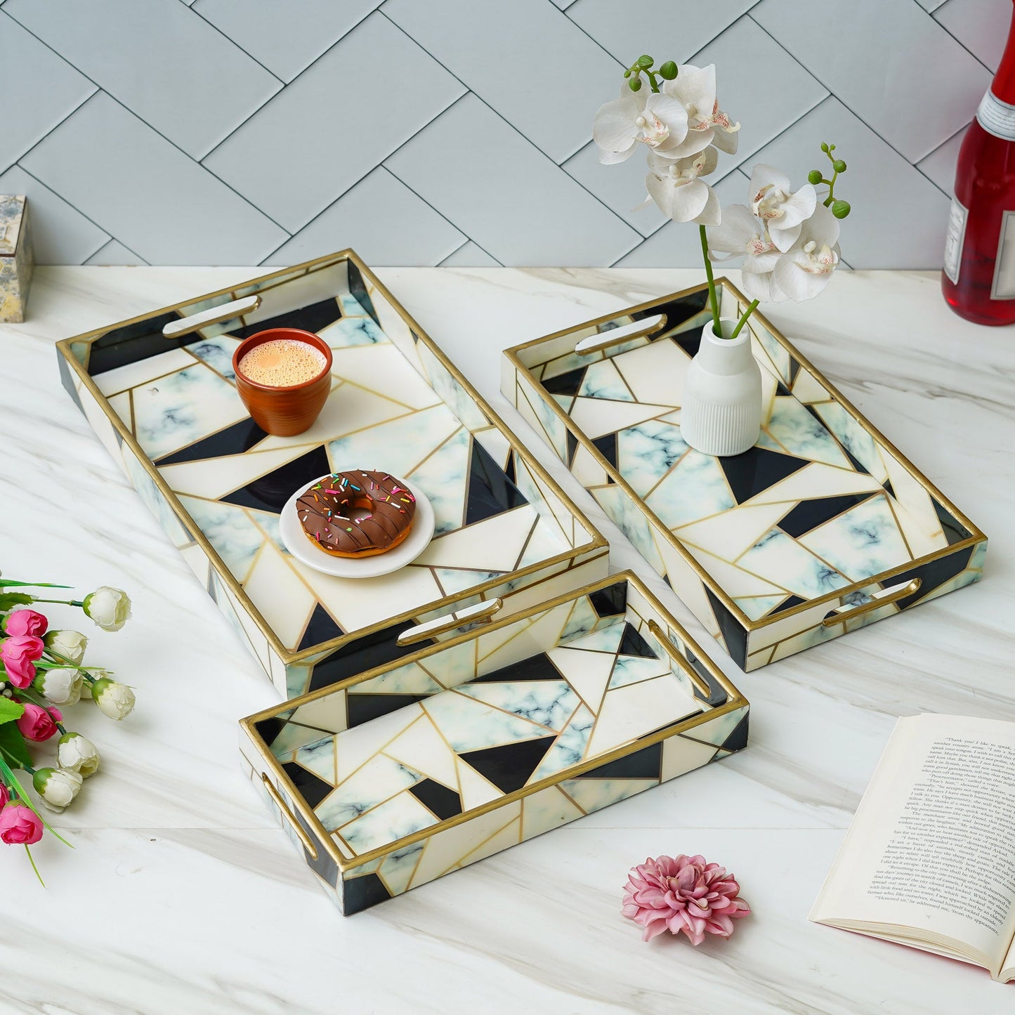 Webelkart Premium Handmade Wooden Serving Tray Enamel Coated Samll,Medium,Large Serving Tray Set of 3, Trays for Breakfast Dining Table| Diwali/Home Decor Items (12",14",16" Inches)
