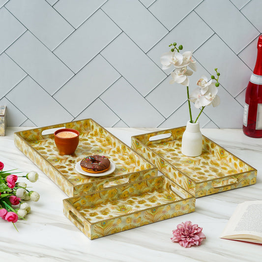 Webelkart Antique Handmade Printed Wooden Serving Tray Enamel Coated for Home Decor Serving Tray Set of 3, Trays for Breakfast Dining Table| Coffee Tray Home Decorative Item (12",14",16" Inches)