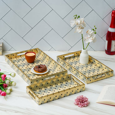 Webelkart Premium Enamel Coated Handmade Wooden Serving Tray Multipurpose Rectangular Serving Tray Set of 3, Trays for Breakfast Dining Table.Diwali Decoration Item,Tea Coffee Serving Tray