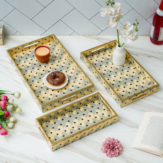 Webelkart Premium Enamel Coated Handmade Wooden Serving Tray Multipurpose Rectangular Serving Tray Set of 3, Trays for Breakfast Dining Table.Diwali Decoration Item,Tea Coffee Serving Tray