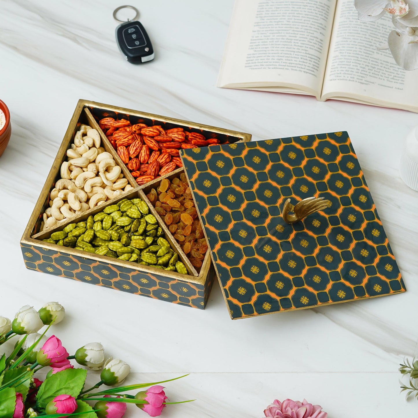 Webelkart Premium Enamel Coated Dry Fruit Container Set With Serving Tray & Lid For Dining Table,Dry Food Box,Serving Set with 4 Section/y (8" Inches)