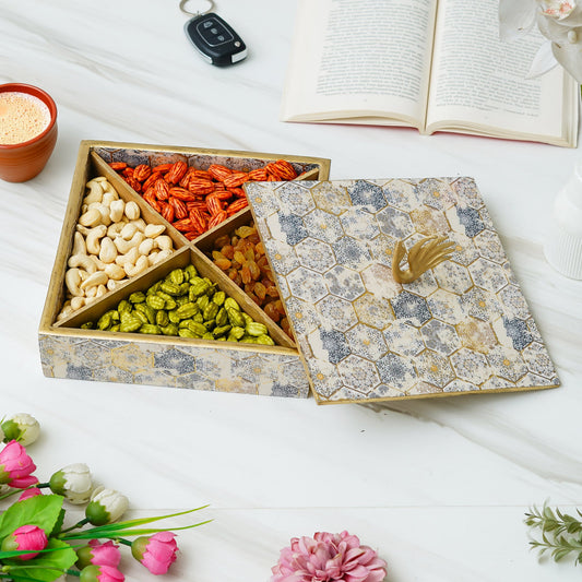 Webelkart Handmade Enamel Coated Dry Fruit Container Set With Serving Tray & Lid Table Top Home Decor,Dry Food Storage Box,Serving Set with 4 Section/Set Of 4 Jar Set With 1 tray (8" Inches)